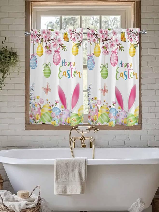 Happy Easter Kitchen Curtains 45 Inches length, Spring Watercolor Bunny Eggs - Image 7