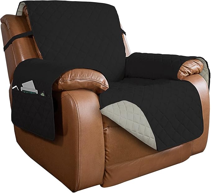 PureFit Reversible Quilted Oversized Recliner Sofa Cover, Water Resistant Furniture Protector, Washable Couch Cover with Elastic Straps for Kids, Dogs, Pets (Large, Black/Beige)