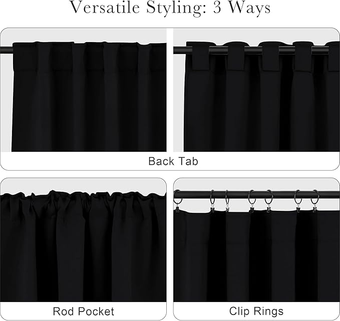 PONY DANCE Blackout Curtains 63 inch Length - Window Covering Panels Thermal Insulated Window Blinds Drapes Light Block Curtain Shades for Bedroom, 42-inch Wide by 63-inch Long, Black, 2 PCs