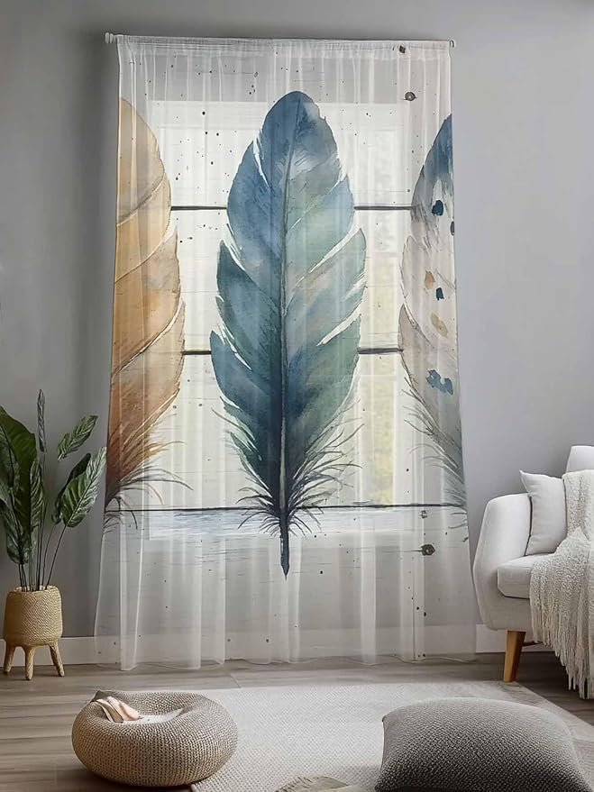Sheer Curtains 96 Inches Long, Boho Blue Feathers Semi Sheer Curtains Light - Image 2