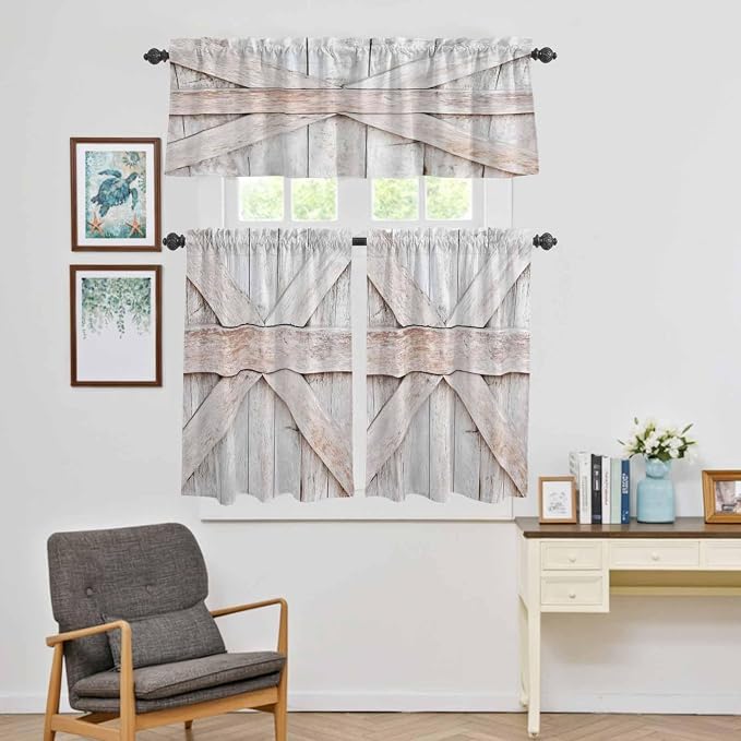 Kitchen Window Curtains Valance and Tier Set, Farmhouse Retro Wooden Barn Rod - Image 5