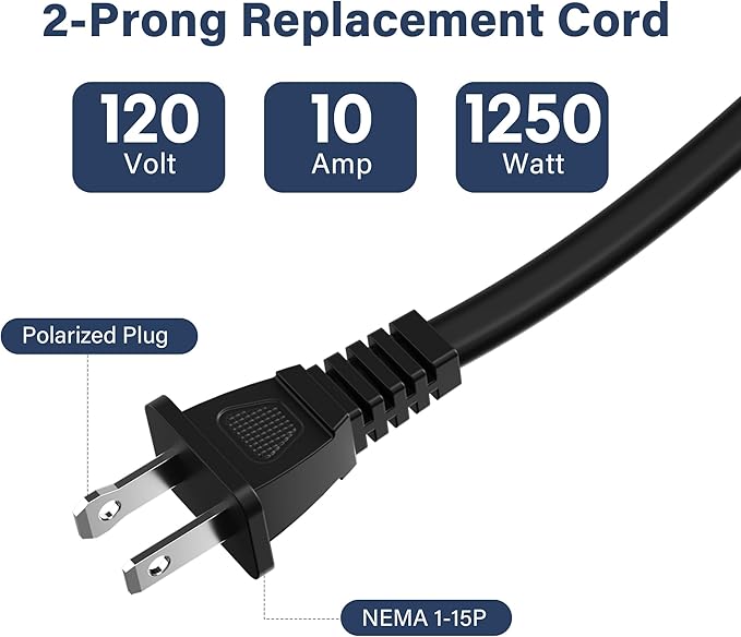 Adoreen 18 Gauge 2 Prong Polarized Replacement Power Cord 3 Ft - Image 2