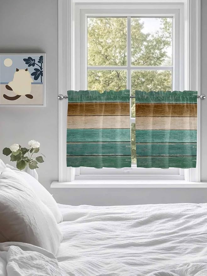 Vintage Plank Turquoise Brown Window Valance Curtains, Farmhouse Wood Grain - Image 3