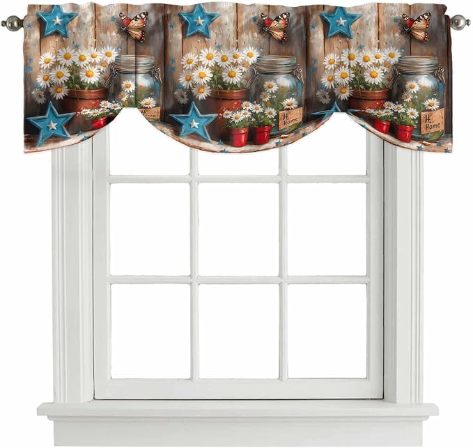 Country Flower Tie Up Valance for Window, Western Texas Star Butterfly Barn by AMZRicher
