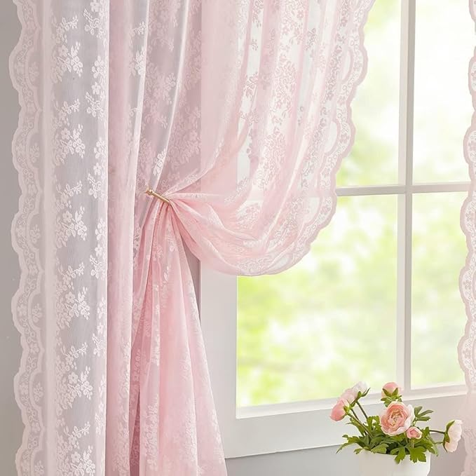 YJ YANJUN Vintage Lace Curtains Cute Pink Floral Cafe Curtains 45 inch Length 2 Panels Short Sheer Drapes for Kitchen Bathroom Laundry Room Girl Nursery Room Décor Rod Pocket 52" W x 45" L Baby Pink