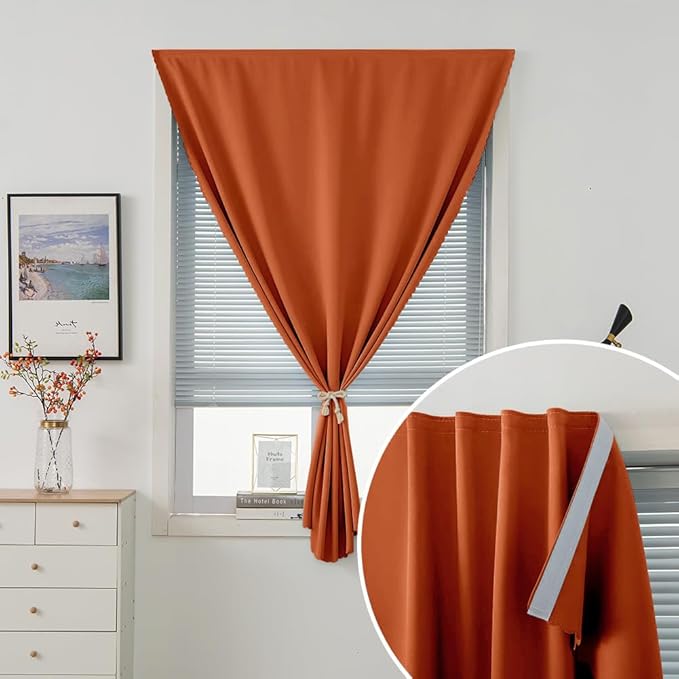 Self Adhesive Curtains Portable Blackout Curtain Simple and Easy to Install Bedroom Window Thermal Lnsulated Kitchen Room Darkening Black Small Drapes, 35" W X 71" L, Orange, 1 Panel
