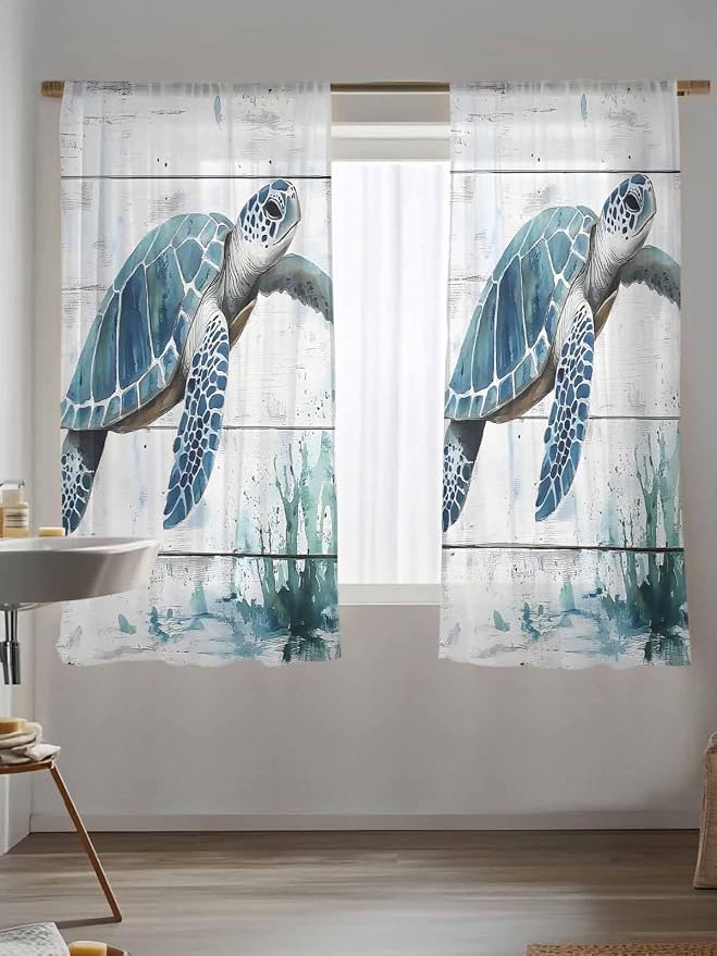 Sheer Curtains 72 Inches Long, Teal Green Sea Turtle Semi Sheer Curtains Light - Image 5
