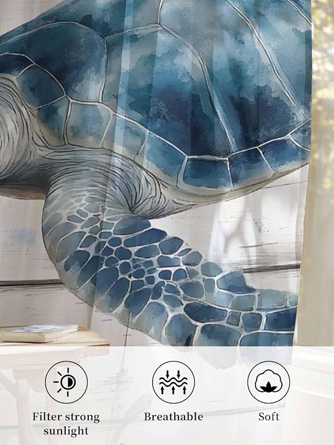 Sheer Curtains 72 Inches Long, Ocean Sea Turtle Semi Sheer Curtains Light - Image 6