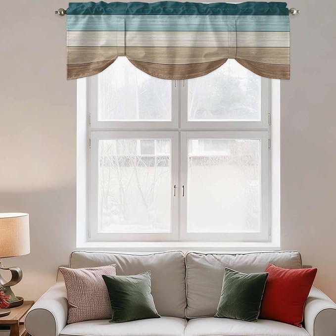 Teal Brown Tie Up Valance Curtains - Image 3