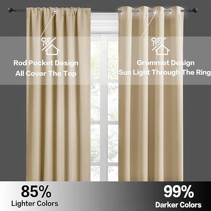 RYB HOME Short Curtains for Bedroom, Room Darkening Insulated Summer Heat Light UV Blocking Energy Saving Drapes for Nursery, Width 34 by Length 48, Biscotti Beige, Set of 2