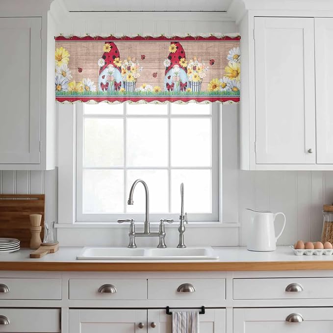 Ladybug Gnome Sheer Valance Curtains, Country Summer Rustic White Yellow Daisy - Image 2