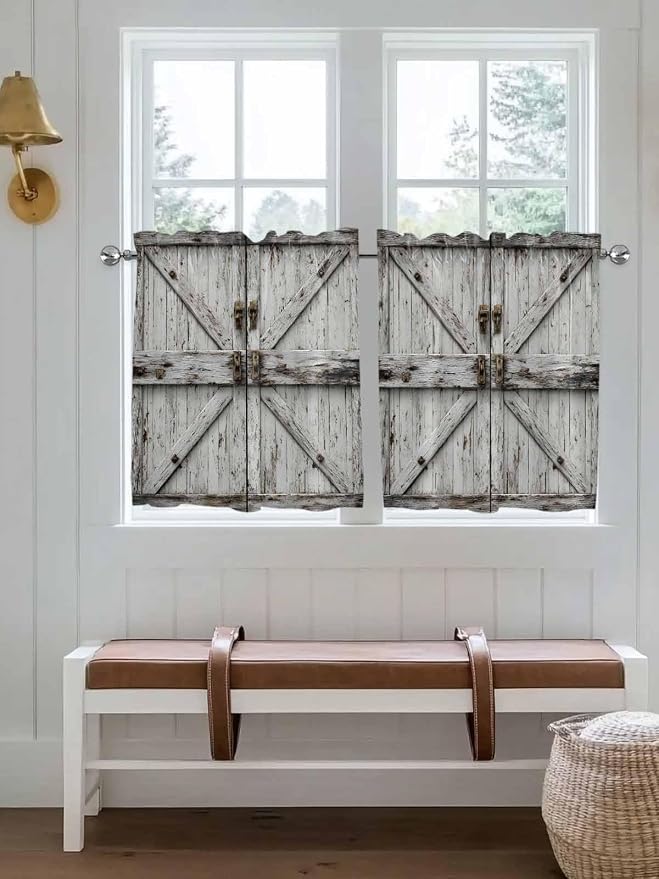 Vintage Gate Half Window Curtains 24 Inches Long, Farmhouse Wooden Grain Shabby - Image 4