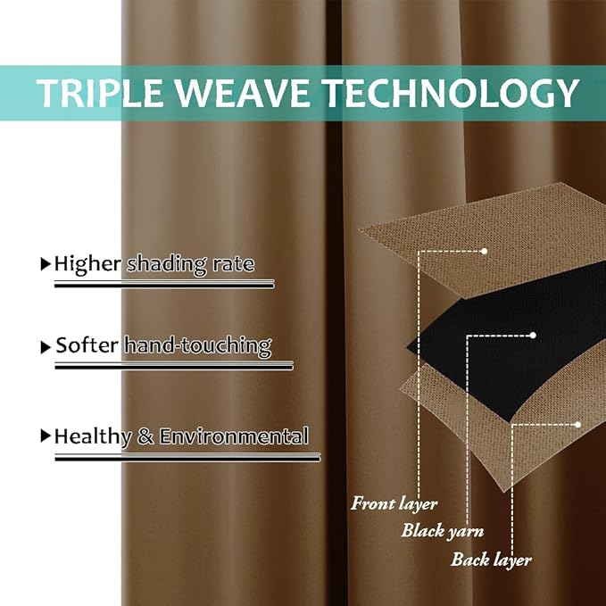 NICETOWN Full Shade Curtain Panels, 62 x 72 inch, Gold Brown, Pair of Energy Smart & Noise Blocking Out Blackout Drapes for Dining Room Window, Thermal Insulated Guest Room Lined Window Dressing