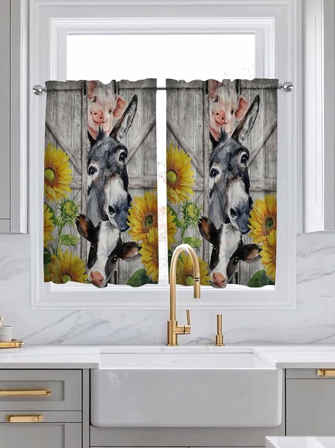 Farmhouse Tier Curtains 45 Inches Long, Vintage Sunflowers Animals Printed Wood - Image 3