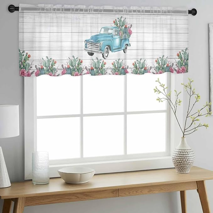 Farmhouse Sheer Valance Curtains, Summer Blue Car - Image 3