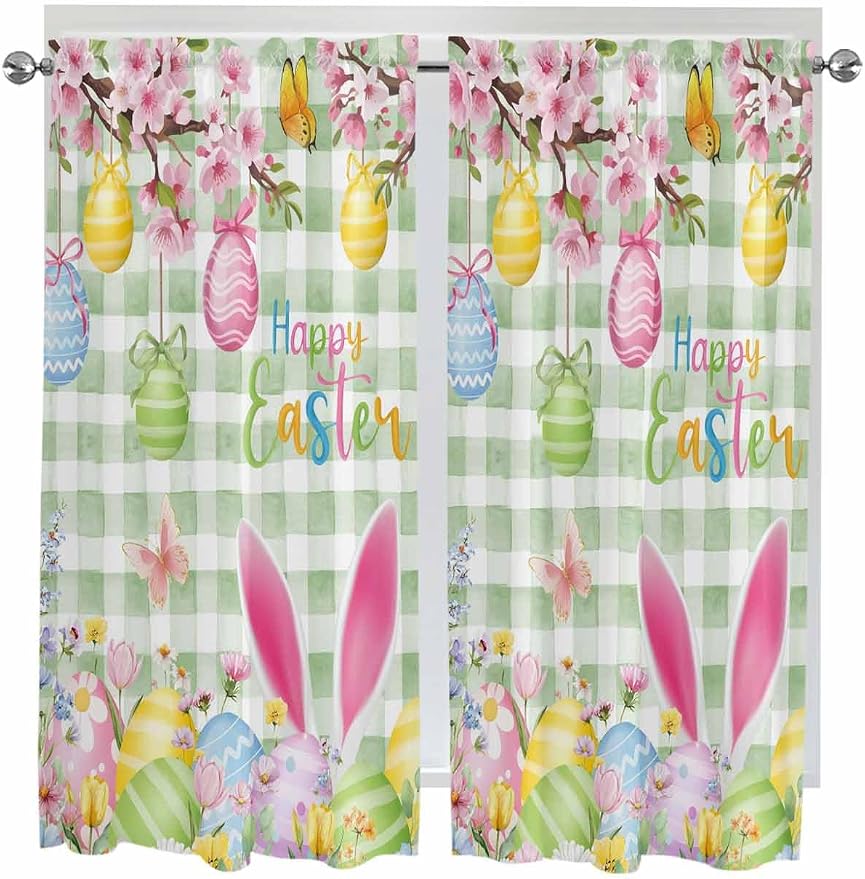 Happy Easter Bedroom Curtains 63 Inches length, Spring Bunny Eggs Flower Sage by Unknown