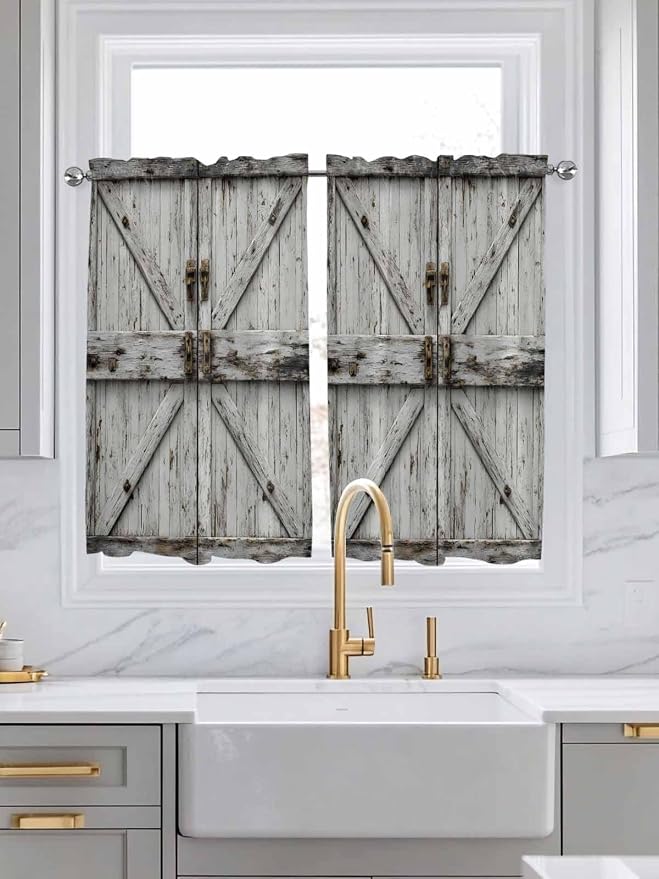 Vintage Gate Tier Curtains 45 Inches Long, Farmhouse Wooden Grain Shabby Chic - Image 3
