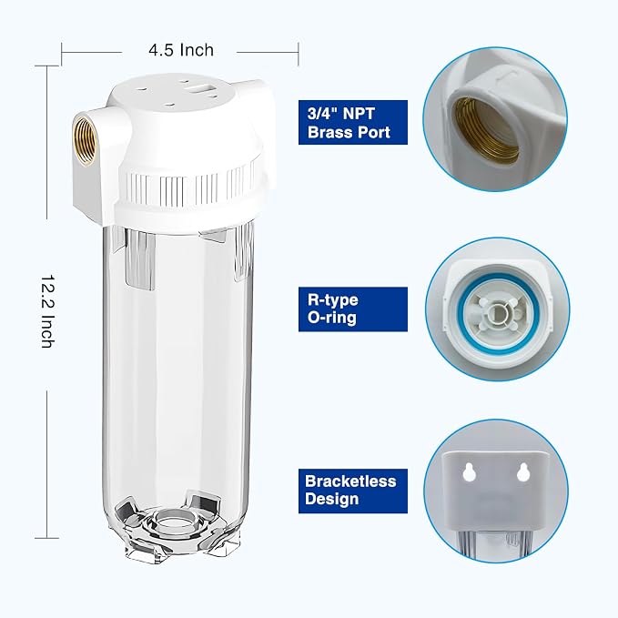 Whole House/RV Water Filter Housing Clear, 3/4" NPT Brass Port, R-Type O-Ring - Image 2