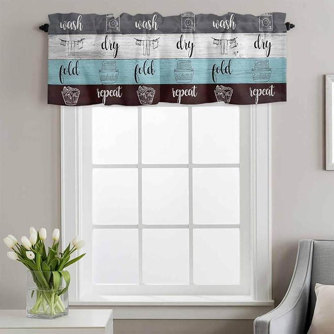 Laundry Rules Valances for Windows, Retro Blue White Wood Board Grain Kitchen - Image 2