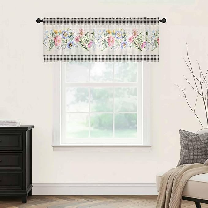 Blue Pink Floral Sheer Valance Curtains, Spring Summer Botanical Linen Black - Image 5
