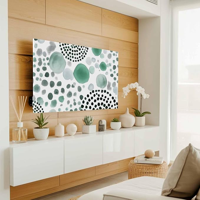 Abstract Teal Circles Indoor TV Cover, Elastic TV Screen Protector Sage Green - Image 3