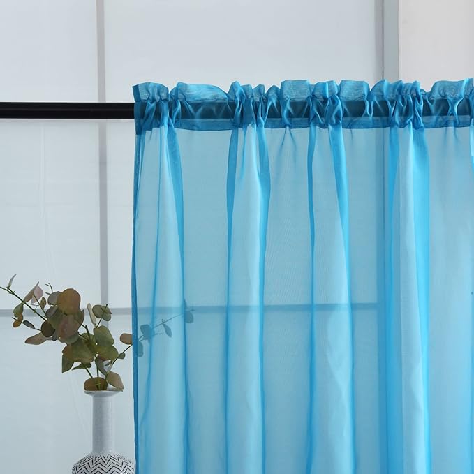 SpaceDresser Sheer Voile Window Treatment Rod Pocket Curtain Panels for Kitchen Bedroom Living Room Drapes Sunlight Filtering Privacy Semi Home Decor Assorted Colors Sizes (Cyan Blue, 52 W x 45 L)