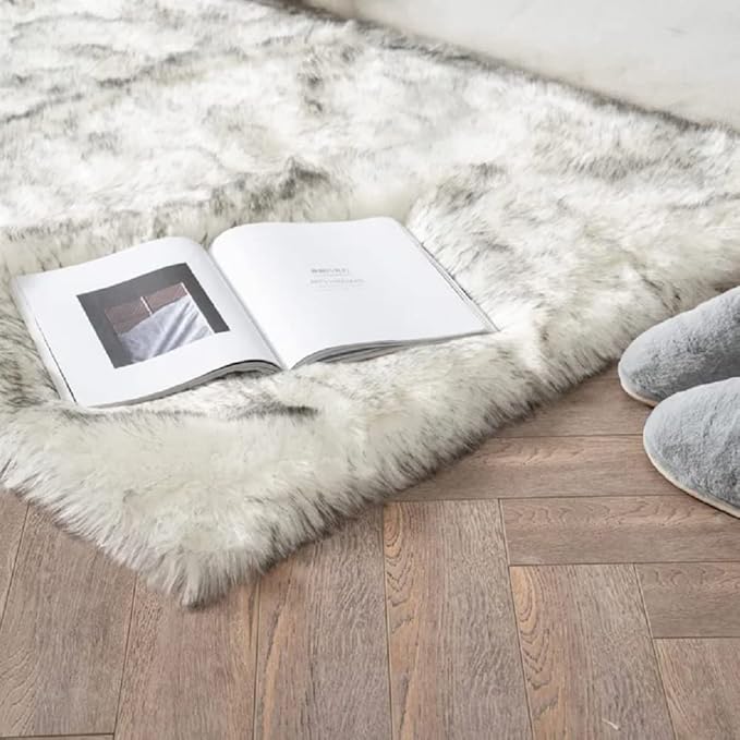 ORINOVA Grey and White Plush Shag Washable Rugs for Bedroom Faux Sheepskin Fur Furry Carpet for Living Room 2x6 Nursery Rug Runner