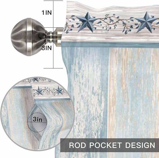 Blue Texas Star Valances for Windows, Vintage Star Berry Blue Beige Wood Grain - Image 8