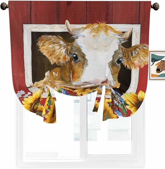 Tie Up Curtains for Windows, Cows Sunflowers Adjustable Balloon Nature Linen - Image 2