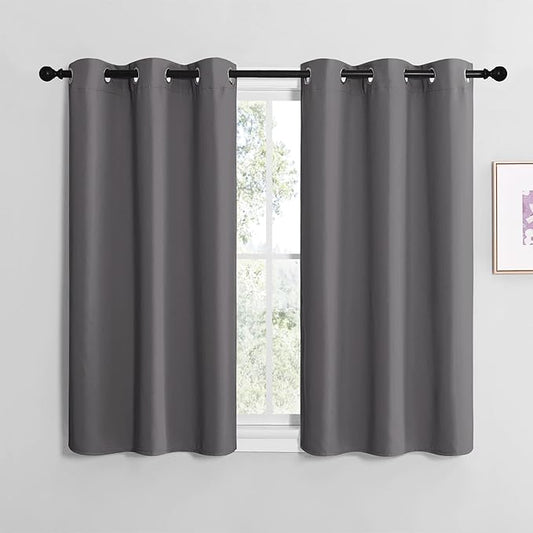 NICETOWN Grey Blackout Curtain Panels for Bedroom, 2 Panels, W29 x L36-inch, Thermal Insulated Grommet Top Blackout Draperies and Drapes for Basement