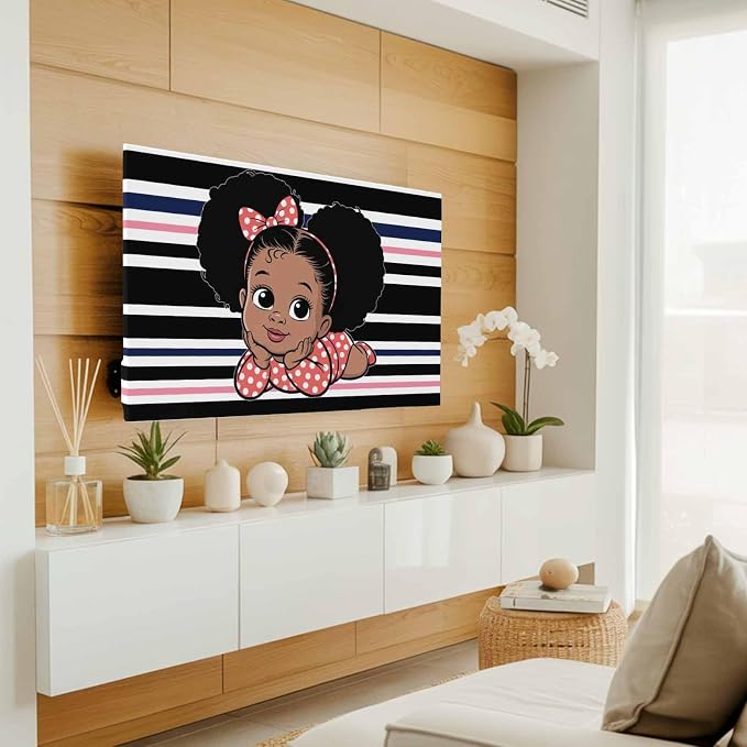 Cute Girl on Abstract Stripe Indoor TV Cover, Elastic TV Screen Protector Black - Image 2