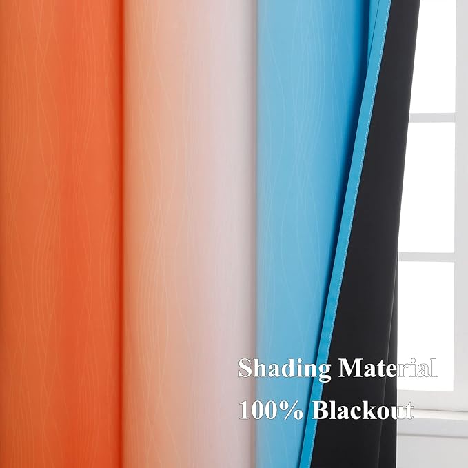 Thermal Insulated Blue and Orange Curtains for Living Room, Complete Light Blocking Ombre Blackout Curtains for Bedroom, Full Room Darkening Gradient Grommet Drapes for Boy Room, 42x84 Inch, 2 Panels