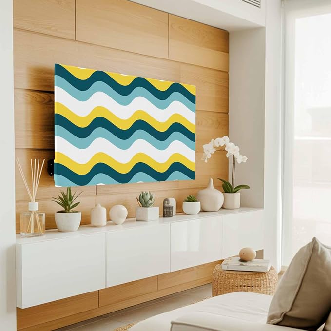 Ombre Yellow Turquoise Waves Indoor TV Cover, Elastic TV Screen Protector - Image 2