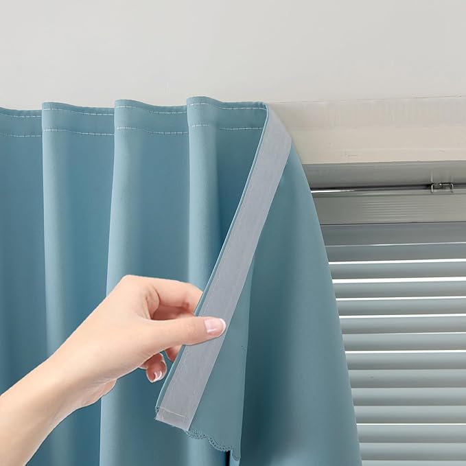 Self Adhesive Curtains, Portable Blackout Curtains Fabric Curtains for Living Room No Drilling, 47" W X 96" L, Lake Blue, 1 Panel