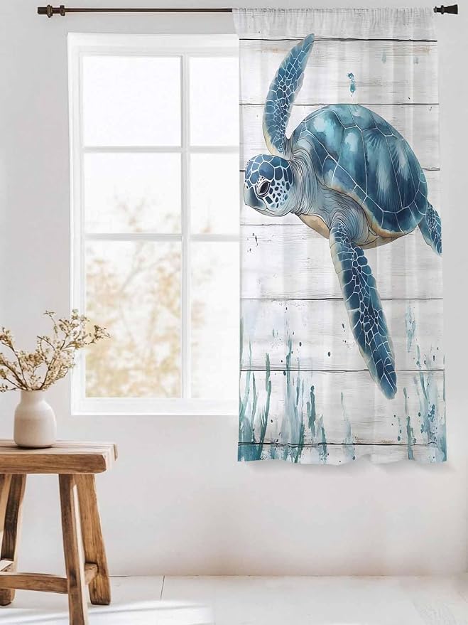 Sheer Curtains 63 Inch Length, Teal Green Ocean Turtle Semi Sheer Curtains - Image 3