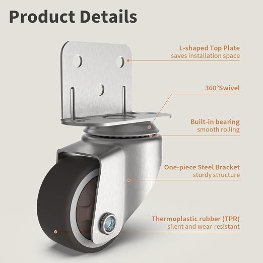 1" Small L-Shaped Plate Casters, Swivel Furniture Wheels, TPR Silent, Mounting - Image 2