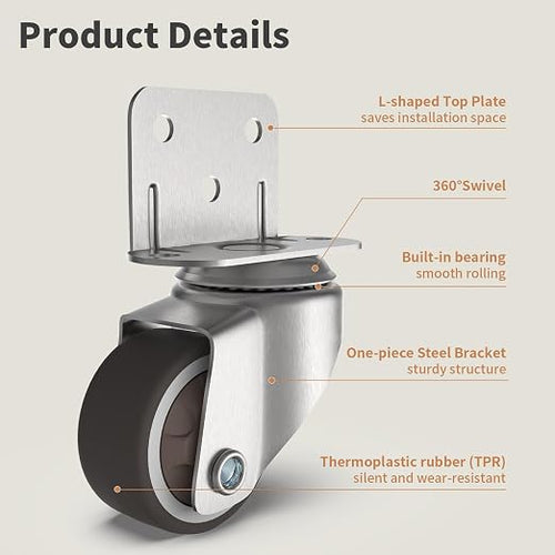 1" Small L-Shaped Plate Casters, Swivel Furniture Wheels, TPR Silent, Mounting - Image 2