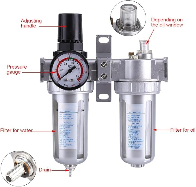 3/8'' Air Compressor Filter Regulator Water Oil Separator 3 in1 Gauge - Image 3