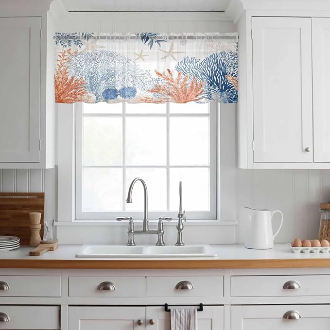 Ocean Corals Sheer Valance Curtains, Summer Beach Coral Sea Stars Light - Image 2