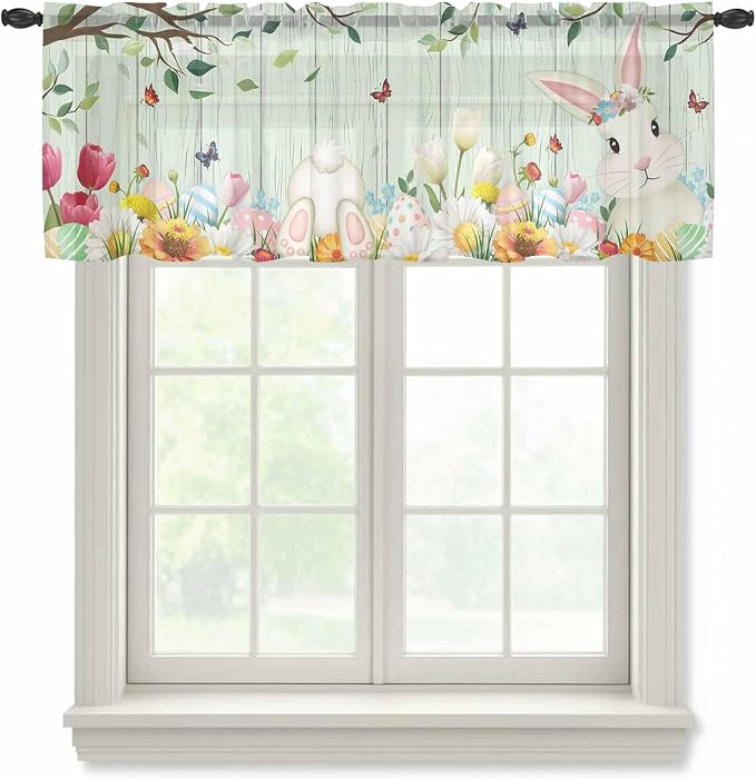 Easter Sheer Valances for Windows 42"x18", Light Filtering Kitchen Curtains by Unknown