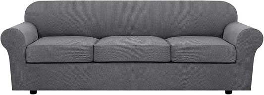 H.VERSAILTEX 4 Piece Stretch Sofa Covers for 3 Cushion Couch Covers for Living Room Furniture Slipcovers (Base Cover Plus 3 Seat Cushion Covers) Thicker Jacquard Fabric (Large Sofa, Grey)
