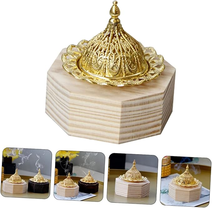 PRETYZOOM Octagonal Wooden Incense Burner Gold Metal Accents Decorative - Image 4