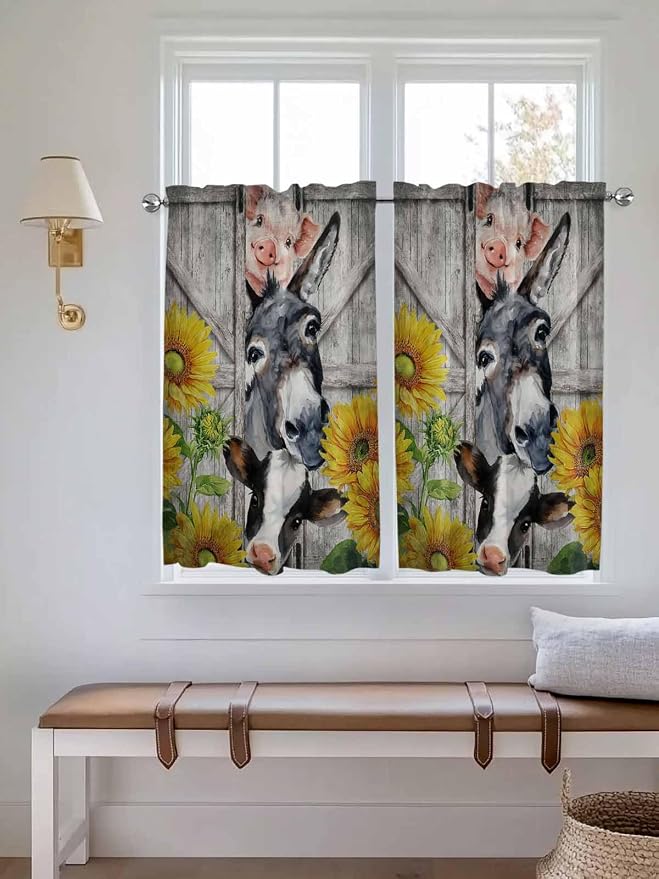 Farmhouse Kitchen Curtains 54 Inches Length, Vintage Sunflowers Animals Printed - Image 4