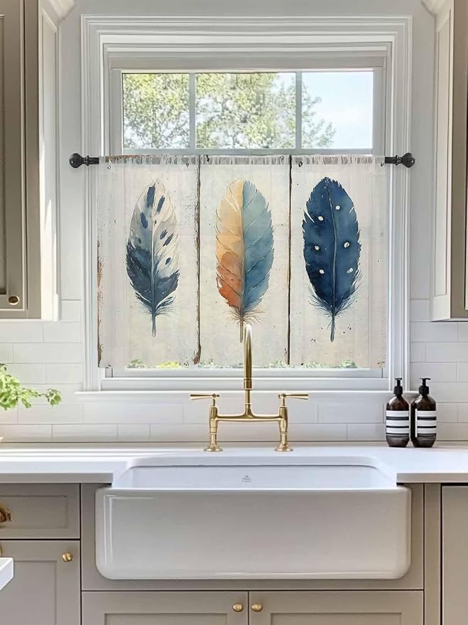 Sheer Curtains 54 Inch Length, Boho Ombre Vintage Wooden Grain Privacy Voile - Image 3