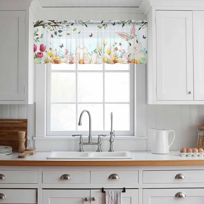 Easter Sheer Valances for Windows 60"x18", Light Filtering Kitchen Curtains - Image 3