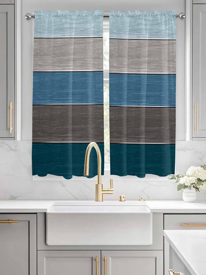 Retro Farm Blue Gray Wood Grain Window Valance Curtains, Rustic Wooden Plank - Image 3