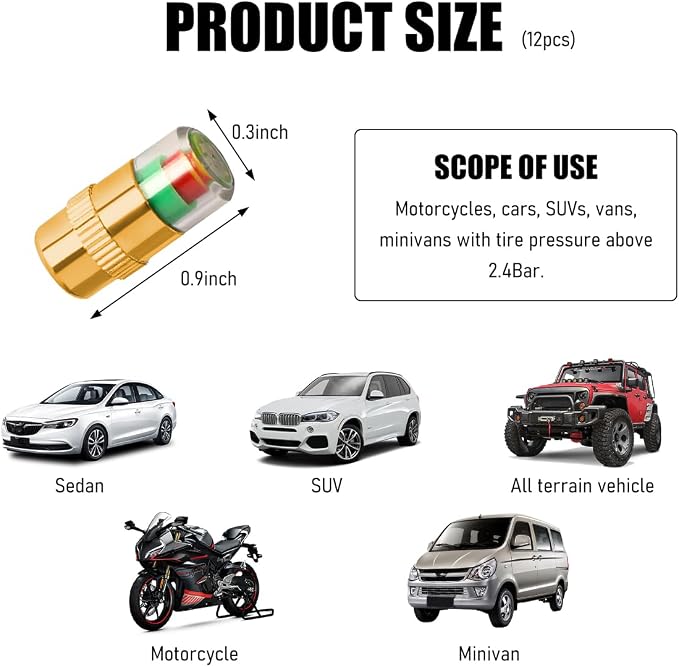 Yourkar 12 PCS Tire Pressure Monitor Valve Stem Caps, 2.4Bar 36PSI Car Tire - Image 2