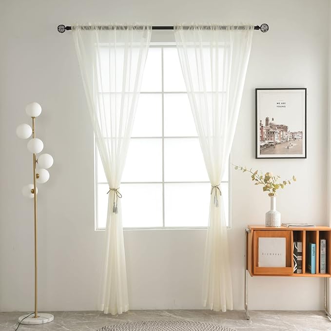 SpaceDresser Sheer Voile Window Treatment Rod Pocket Curtain Panels for Kitchen Bedroom Living Room Drapes Sunlight Filtering Privacy Semi Home Decor Assorted Colors Sizes (Ivory, 52 W x 54 L)