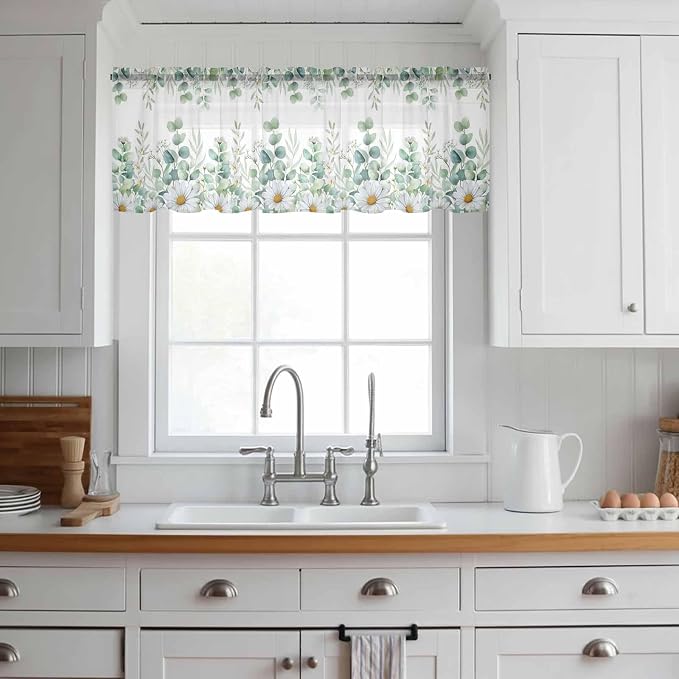 Eucalyptus Leaves Daisy Sheer Valance Curtains, Summer Farmhouses Flower Light - Image 2