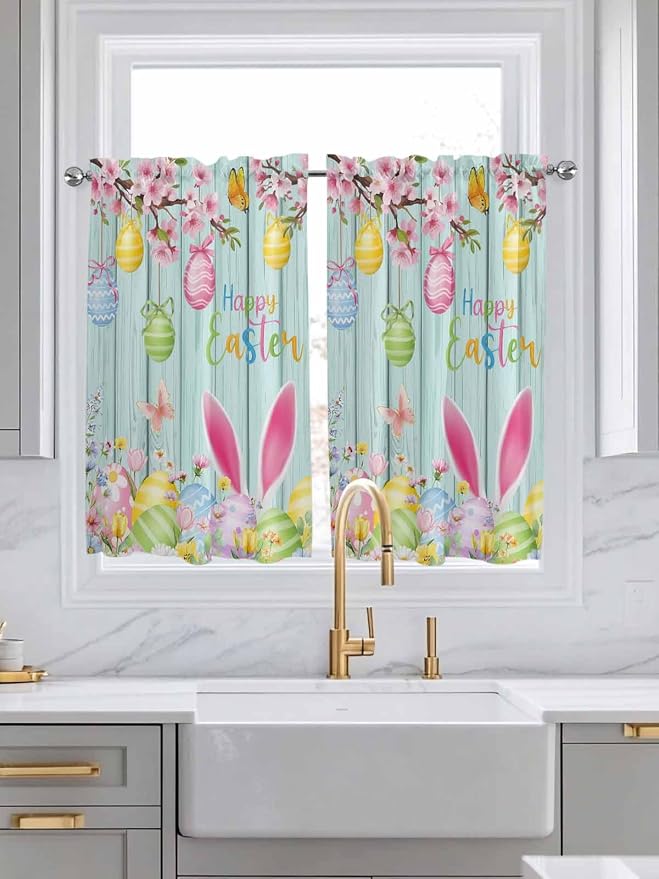 Happy Easter Tier Curtains 45 Inches Long, Spring Bunny Eggs Flower Teal Wood - Image 3